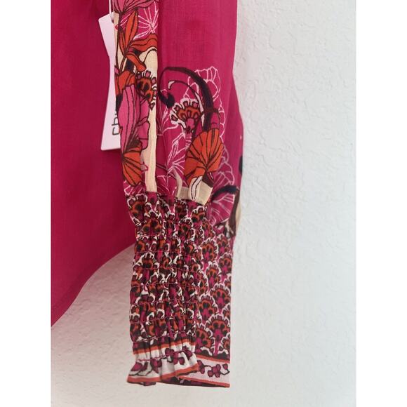Chico's Pink Floral Blouse Sz M Long Sleeve Button Down Ruche Wrist Boho - Picture 4 of 13